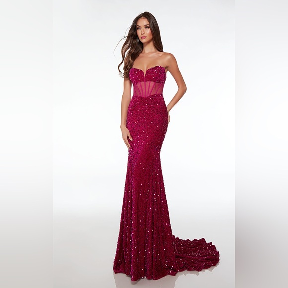 Alyce Paris Fuchsia Plush Sequins Strapless Sheer Top Dress size 00 - Picture 4 of 15